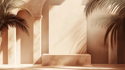 Fototapeta premium Abstract sun light yellow summer backdrop with tropical gradient shades, minimal sunny 3D product display room, perfect for colorful scene presentations and empty banner templates for modern design
