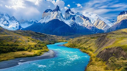 Naklejka premium Stunning Landscape of Majestic Mountains and Serene River Scene