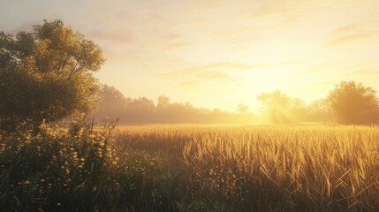 Obraz premium Serene Sunrise Over Lush Meadow with Golden Light and Nature Beauty