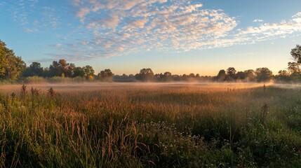 Tranquil Misty Morning Over Lush Green Field at Sunrise