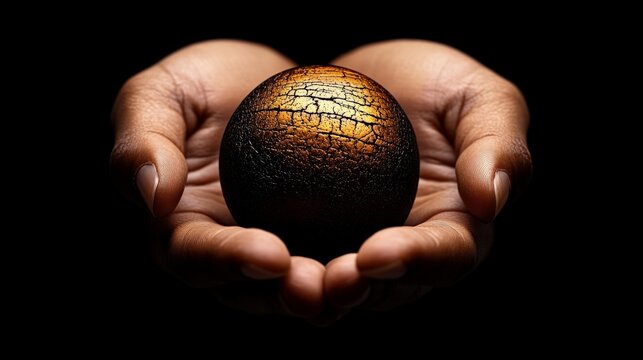 Embracing Earth: A pair of hands cradles a weathered sphere, evoking a sense of care and responsibility. It's an intimate view of nature and guardianship.
