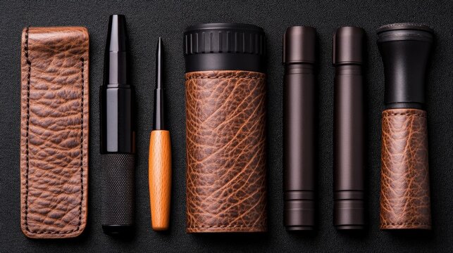 Leather-wrapped Monocular & Tools Arrangement: A close-up shot showcases a collection of precision tools and a monocular, all elegantly sheathed in fine leather, arranged meticulously.