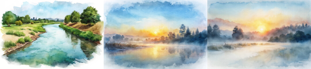 Obraz premium Scenic river landscape, serene watercolor painting, tranquil nature scene, vibrant colors, peaceful sunset reflection.