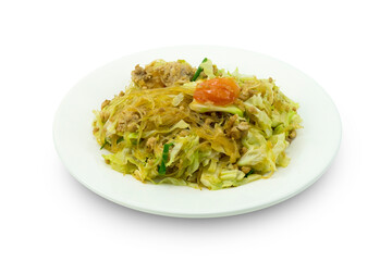 Stir-fried vermicelli with cabbage, tomato, spring onion and minced pork in white plated isolated on white background with clipping path top view flat lay and stack 