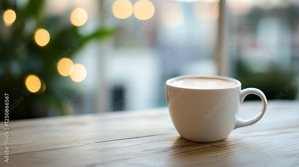Aufkleber Warm Cup of Coffee on a Wooden Table with Soft Background Lights Creating a Cozy Atmosphere : Generative AI