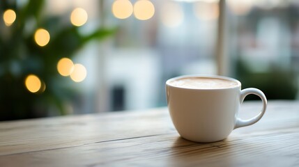 Warm Cup of Coffee on a Wooden Table with Soft Background Lights Creating a Cozy Atmosphere : Generative AI