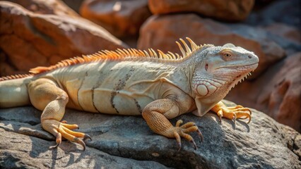 Naklejka premium Albino iguana sunbathing on rocky desert terrain nature photography desert environment close-up view exotic wildlife