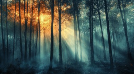 Enchanting Light Rays Piercing Through Misty Forest Trees at Dusk