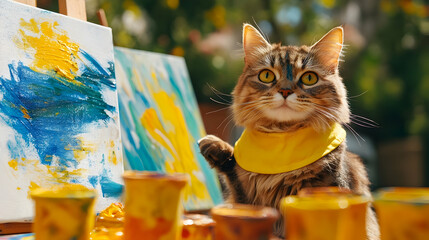 A playful cat in a yellow bandana interacts with colorful paints in a lovely setting