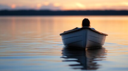 Naklejka premium Person in a Boat on Calm Water at Sunset Creating Tranquil Scene : Generative AI