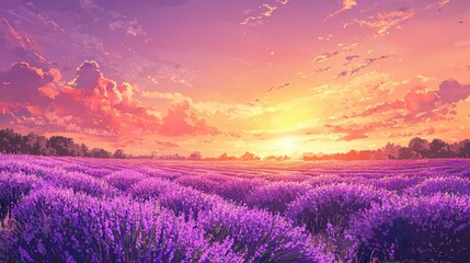 Vibrant Lavender Field Under Colorful Sunset Sky Landscape