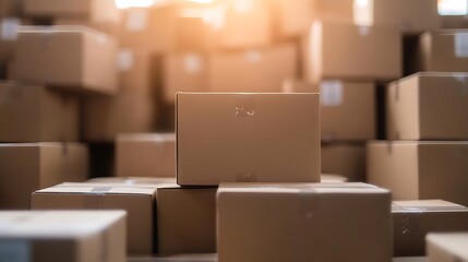 Close up view of a stack of cardboard boxes in a warehouse with warm lighting : Generative AI