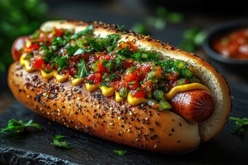 Grilled Hot Dog with Relish & Mustard