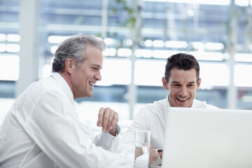 Office, business people and men with laptop for laughing, investment research and tax accountants....