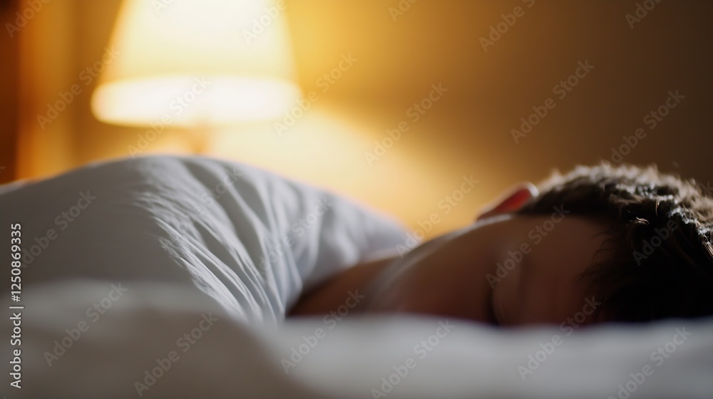 Poster peaceful scene of a young boy sleeping soundly under soft blankets with a warm glow in the backgroun