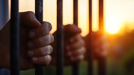 Obraz premium Hands gripping jail bars symbolizing confinement and the struggle for freedom at sunset : Generative AI