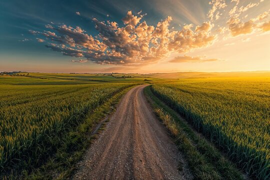Sunset Over Country Road With Golden Fields And Dramatic Sky