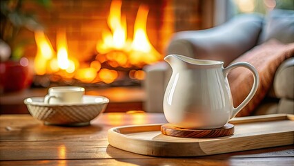 Hygge home:  Creamy white creamer on a wooden warmer, candidly capturing cozy living room decor.
