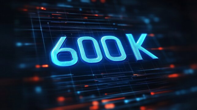 600K Digital Number Glowing In Futuristic Style With Abstract Digital Circuit Technology Background. - Powered by Adobe