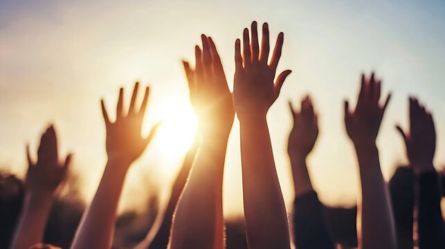 Group of diverse hands raised towards the sun during a joyful event symbolizing hope and unity in the community : Generative AI - Powered by Adobe