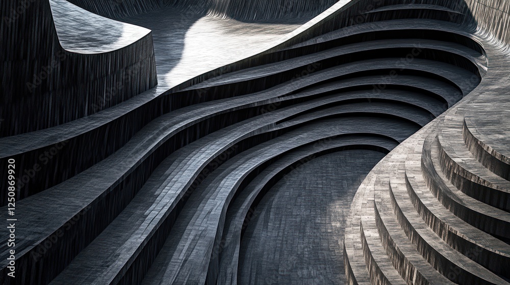 Aufkleber Abstract dark wood structure with curved lines and layered platforms.
