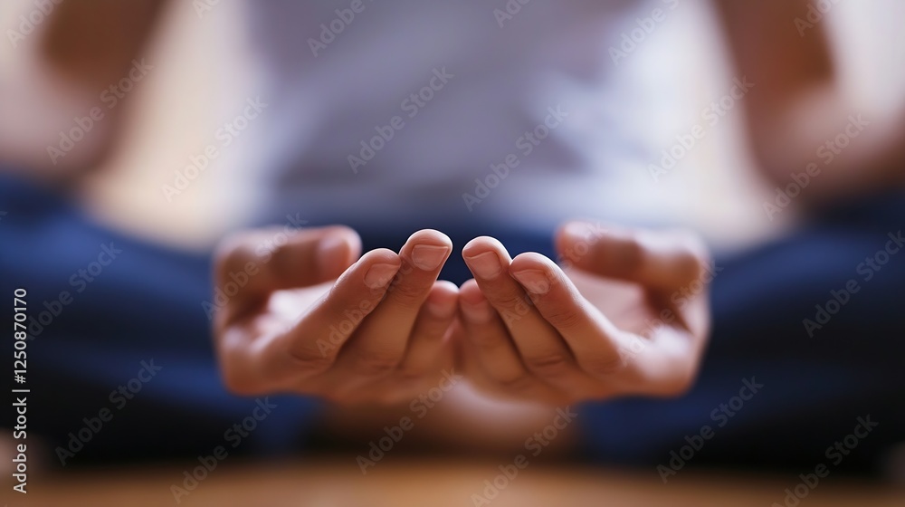 Poster meditative hands of a person engaged in mindfulness practice on a serene background : generative ai