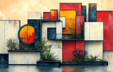 Abstract Outdoor Installation with Colorful Geometric Panels and Lush Greenery