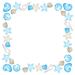 Vector border with seashells, frame of line art tropical sea elements, seashells, starfish