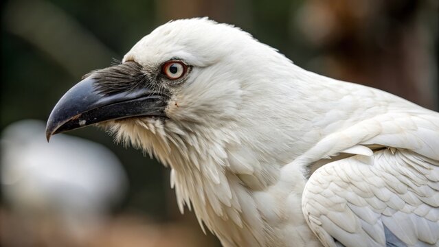 Captivating closeup of an intense albino raven with glossy white feathers in a natural habitat setting