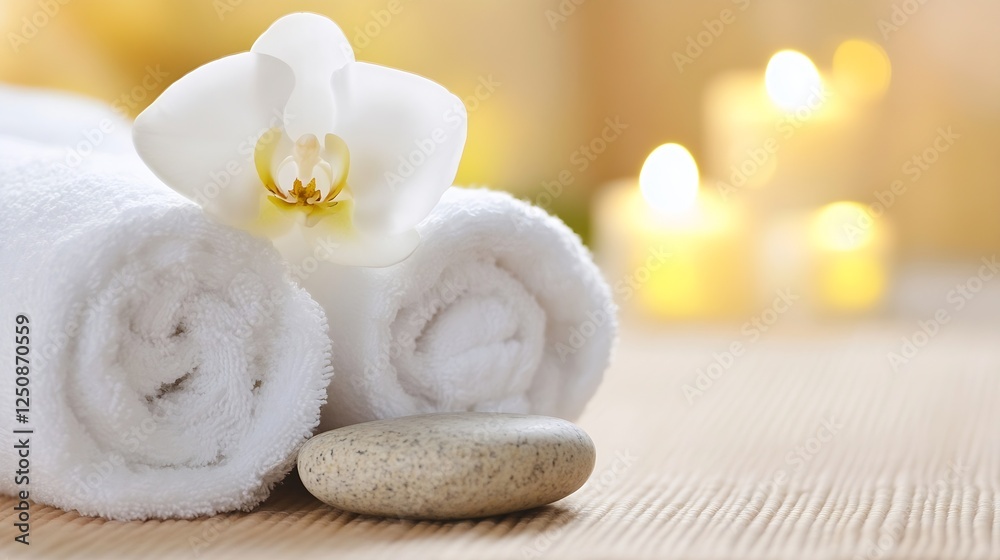 Poster soothing spa scene with rolled towels orchids and candles providing ultimate relaxation : generative