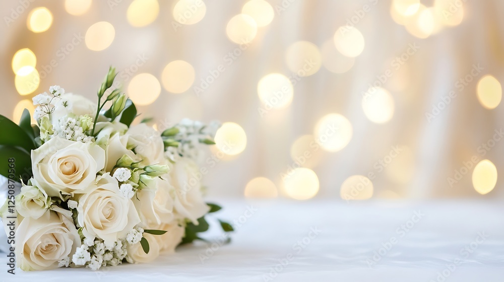 Poster a stunning bouquet of white roses adorned with delicate greenery against a backdrop of soft glowing 