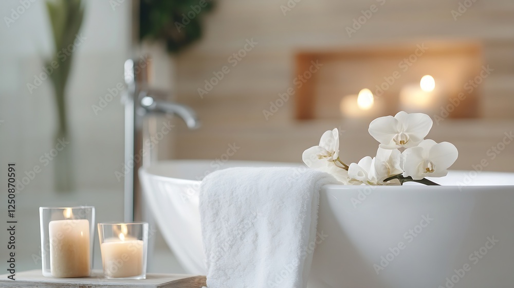 Poster relaxing spa scene with white towels and orchid for serenity and calm : generative ai