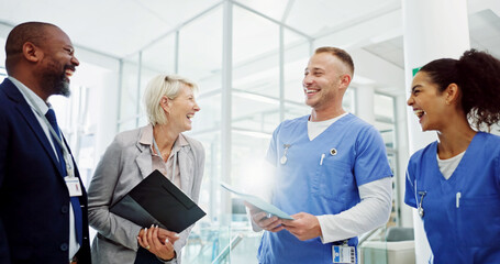Funny, healthcare and meeting with hospital manager speaking to staff for medical planning. Administration, laughing and management with medicine professional speaking to medicare team in clinic
