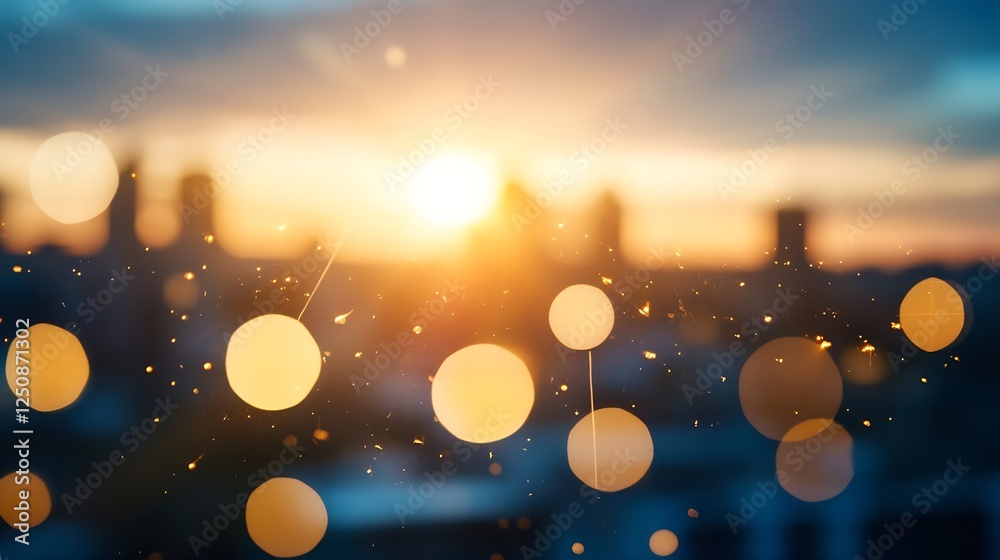 Poster Dreamy sunset bokeh lights with cityscape background creating a magical evening atmosphere : Generative AI