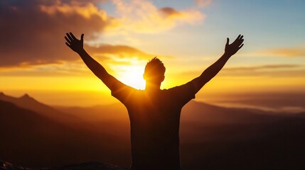 Fototapeta premium Man celebrating at sunset with arms raised standing on a mountain peak surrounded by breathtaking scenery : Generative AI