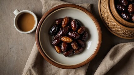 Fototapeta premium A rustic display of dates in a bowl alongside a small cup of tea, creating a warm and inviting atmosphere perfect for sharing during iftar.