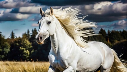 Obraz premium Dynamic galloping of an albino horse open meadow wildlife photography natural landscape side view graceful movement
