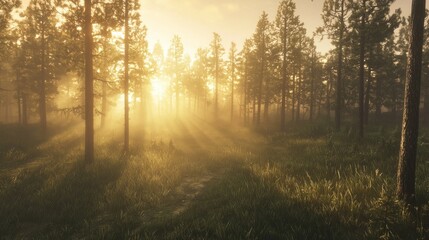Obraz premium Serene Forest Path with Sunlight Filtering Through Trees at Dawn