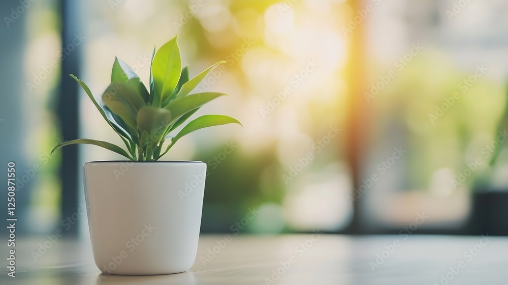 Poster fresh green plant in a white pot illuminated by natural light creating a calming indoor atmosphere :