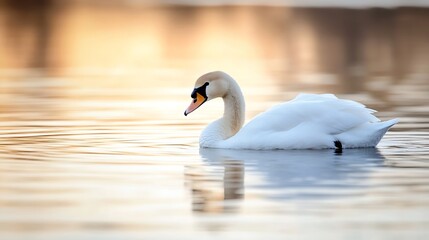 Obraz premium Elegant swan swimming gracefully on a serene lake reflecting warm golden light during sunset : Generative AI
