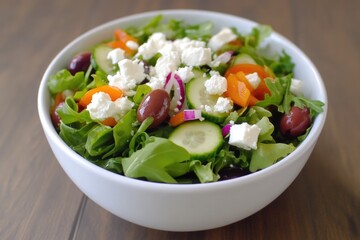 A healthy and tasty salad featuring cucumbers, tomatoes, and crumbled feta cheese