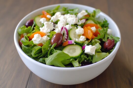 A healthy and tasty salad featuring cucumbers, tomatoes, and crumbled feta cheese