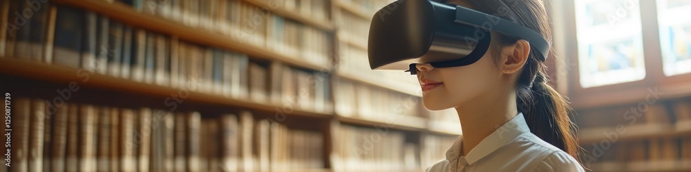 Poster A person reading in a library while wearing a virtual reality headset