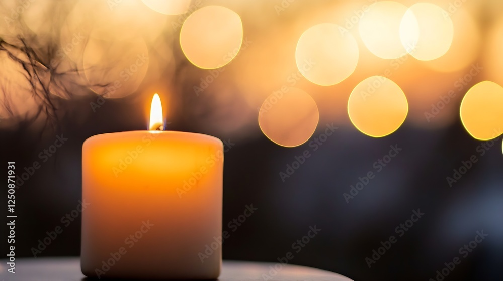 Poster Serene candle glowing softly with warm light against a blurred sunset background creating a peaceful ambiance : Generative AI