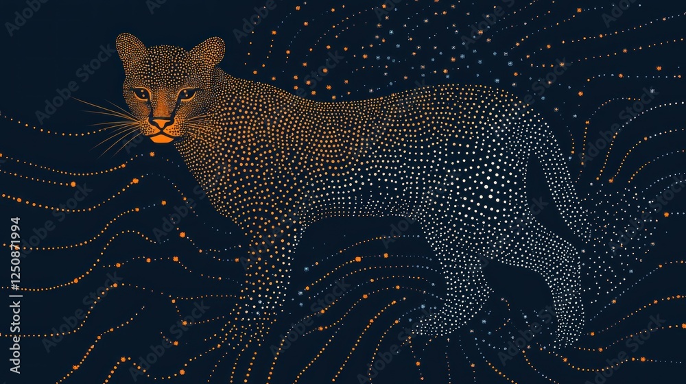 Poster Abstract digital art of a jaguar, composed of glowing dots and lines on a dark background.