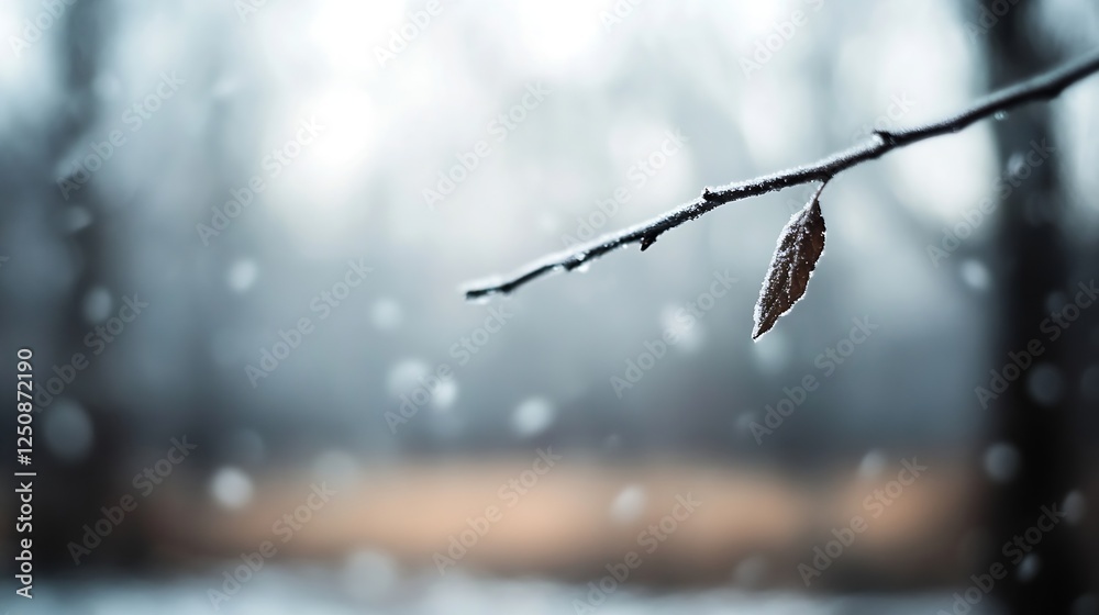 Poster closeup of a branch with a single leaf and snowfall in a dreamy wintry landscape : generative ai
