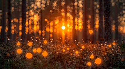 Fototapeta premium Backlit wild grass in a forest at sunset, abstract summer scene with vintage warmth. HD 8K wallpaper Photographic Image