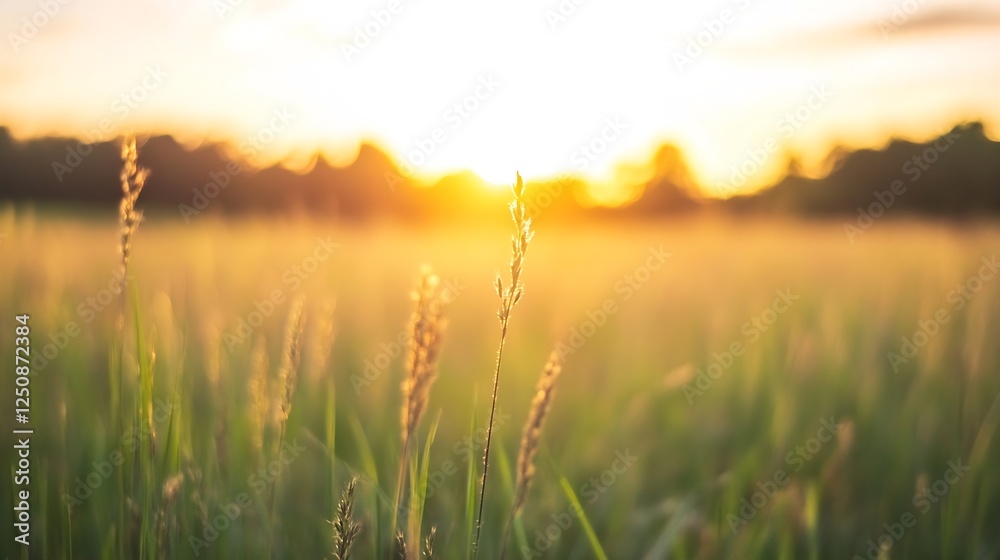 Aufkleber sunset lighting illuminating tall grass in an idyllic countryside scene creating a serene ambiance :