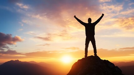 Silhouette of a triumphant person celebrating on top of a mountain against a stunning sunset sky : Generative AI
