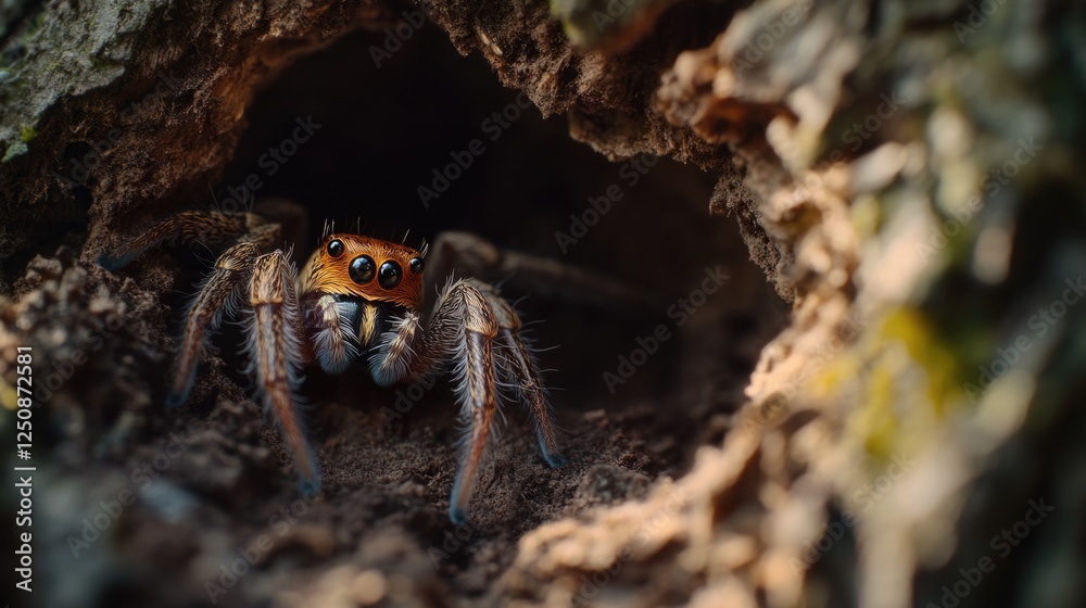 Poster a close-up view of a spider found in a hole, suitable for use in illustrations or educational materi